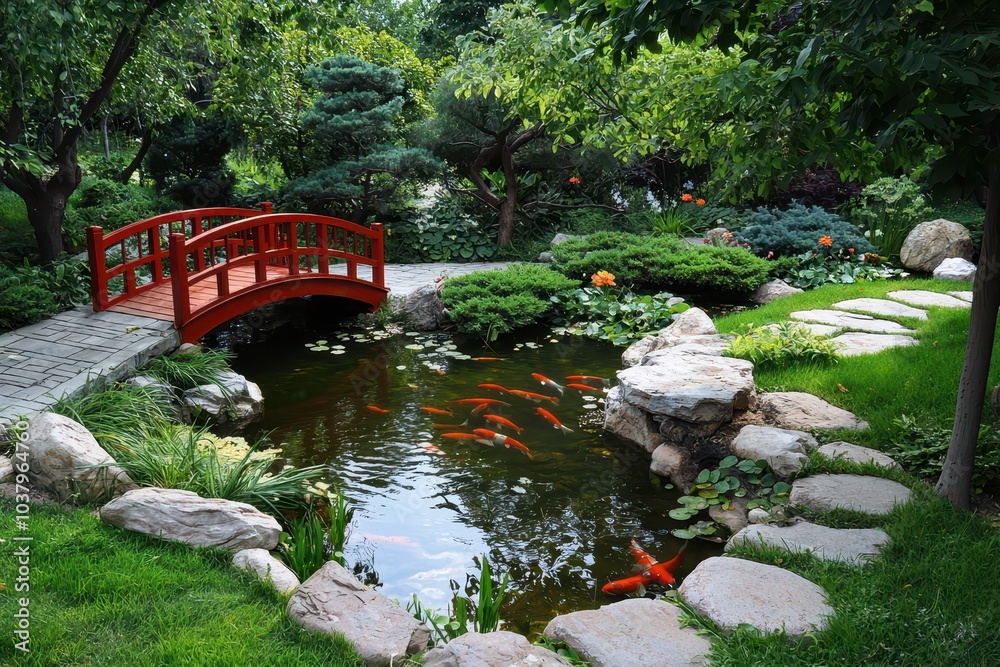 Serene Japanese Garden with Koi Pond and Bridge Serene Japanese Garden with Koi Pond and Bridge