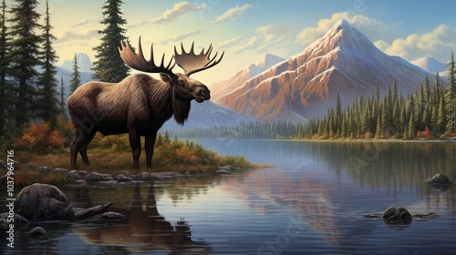 Majestic Moose with Towering Antlers in Serene Mountain Lake Landscape 