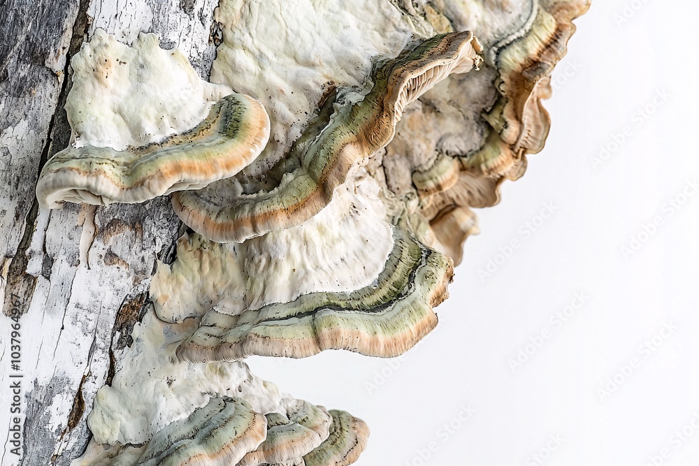 A close-up view of tree fungus reveals its intricate textures and vibrant colors, highlighting nature's artistry against a pristine white backdrop. A close-up view of tree fungus reveals its intricate textures and vibrant colors, highlighting nature's artistry against a pristine white backdrop.