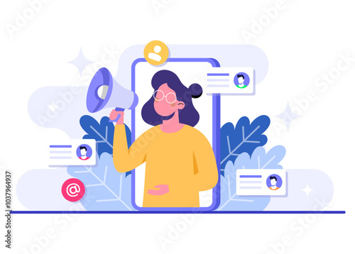 Female character making announcement on phone screen, Email marketing flat illustration, Online business strategy, Advertising, Email newsletter, messaging concept for web banner, infographic