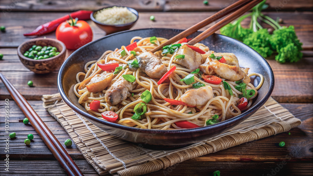Delicious noodles with chicken, creating an atmosphere of home comfort and oriental cuisine. Delicious noodles with chicken, creating an atmosphere of home comfort and oriental cuisine.