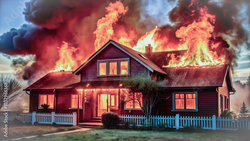 Huge flames engulf the house, creating a dramatic atmosphere.