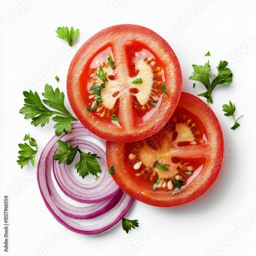 fresh sliced tomato, red onion rings and a parsley leaf