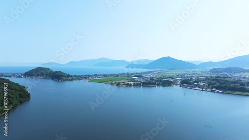 湖と海が見える空撮　田舎の景色　三方五湖の風景　若狭湾　福井県美浜町の久々子湖　ドローン撮影　その5