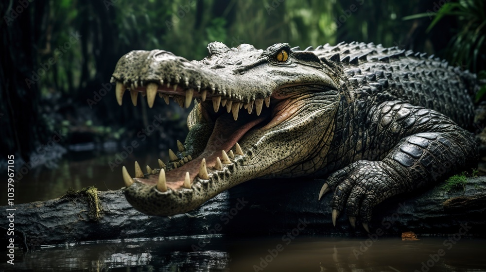 Large aggressive crocodile is resting with its mouth open showing large sharp teeth Large aggressive crocodile is resting with its mouth open showing large sharp teeth