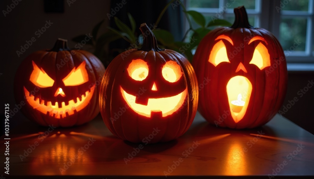 Creepy Pumpkin Carving Displaying Flickering Shadows and Glowing Faces in a Low-light Setting.