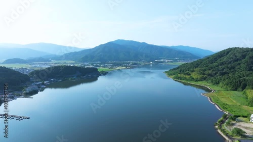 湖と海が見える空撮　田舎の景色　三方五湖の風景　若狭湾　福井県美浜町の久々子湖　ドローン撮影　その4