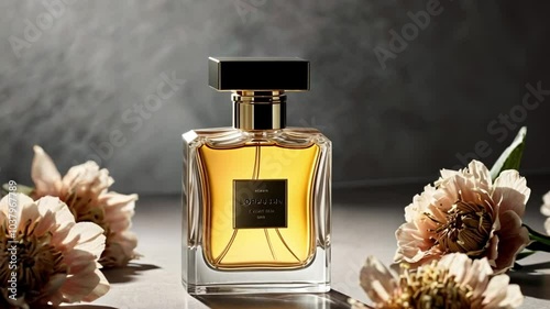 A luxury perfume bottle on a smooth surface, surrounded by muted dried flowers. Soft lighting creates a romantic, elegant atmosphere, highlighting sophistication and simplicity.