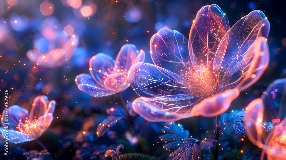 Obraz premium Abstract blooming bouquet of cosmos flowers wireframe light connection illustration