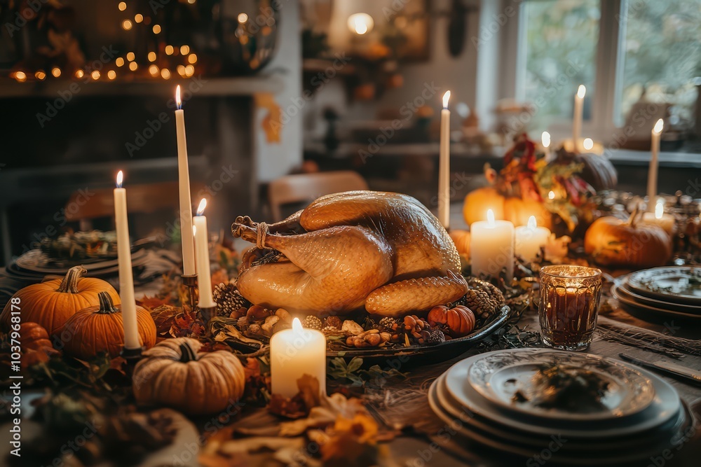 A beautifully arranged table setting for the holiday, featuring a whole juicy cooked turkey as its centerpiece, surrounded by pumpkins, corns and other autumn decorations around it A beautifully arranged table setting for the holiday, featuring a whole juicy cooked turkey as its centerpiece, surrounded by pumpkins, corns and other autumn decorations around it