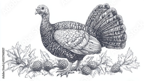Vintage minimalistic ink illustration of a turkey, in a simple lineart style, on a blank light background
