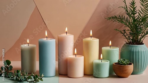 A flat lay of minimalistic candles, plants, and geometric shapes on a soft pastel background, creating a clean, modern arrangement that emphasizes calmness and aesthetic appeal.