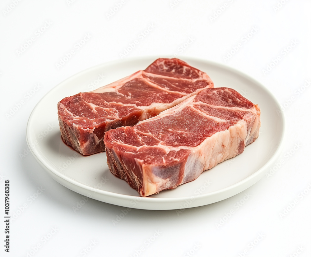 pork meat cutlet on white plate, isolated on white background pork meat cutlet on white plate, isolated on white background