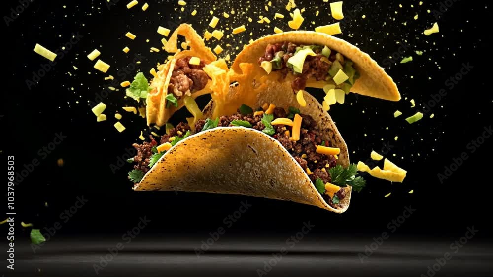Taco Explosion: A mouthwatering explosion of flavor as a crispy taco bursts open, revealing a tantalizing mix of seasoned beef, shredded cheese, fresh cilantro, and diced onions.