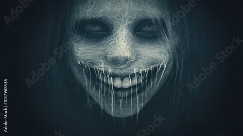 Spooky Halloween Woman Face with Spider Webs and Teeth