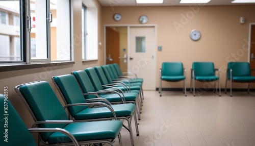 A sharp close-up of hospital waiting chairs lined up against a wall, with a blurred scene of busy doctors and patients moving through the emergency room behind them, Generative AI