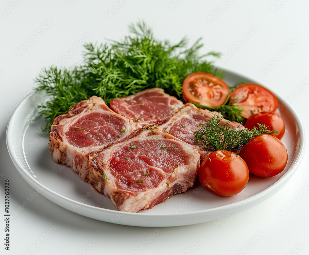 pork meat cutlet with tomatoes on white plate, isolated on white background pork meat cutlet with tomatoes on white plate, isolated on white background