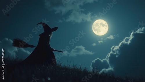 Witch’s Hat and Broomstick Sticking Out from the Shadows Under a Dark Halloween Night Sky.