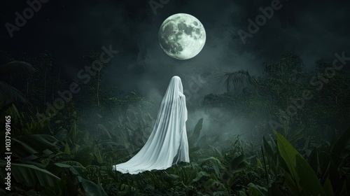 Ghostly Figure in Moonlight Jungle