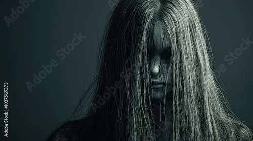 Spooky Woman with Long Black Hair Ghostly Face Halloween Costume