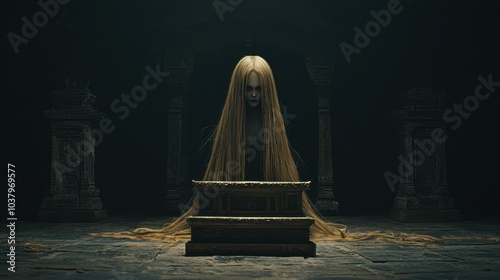Ghostly Figure in Dark Temple with Golden Altar
