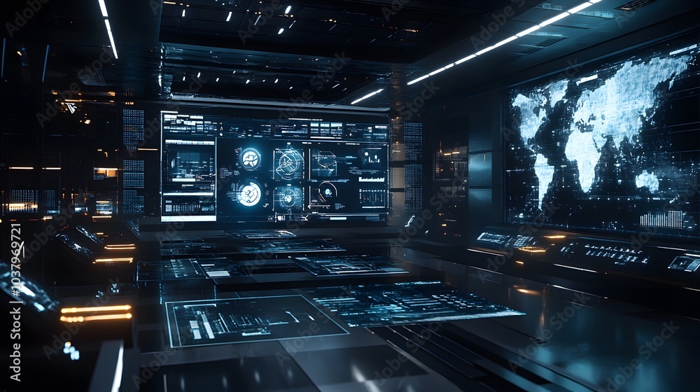 Fototapeta premium Man with futuristic digital tablet on a project. 