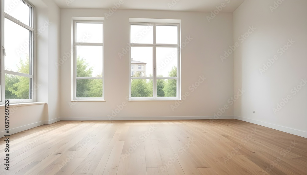 Fototapeta premium Empty room with wooden floor and large window, bright and minimalist.