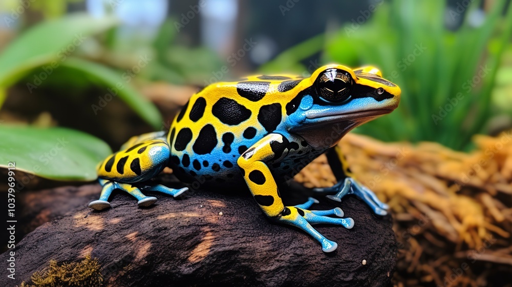 A frog with blue and yellow spots sits on a leaf A frog with blue and yellow spots sits on a leaf