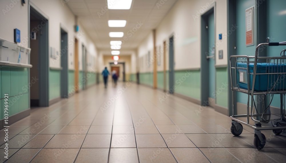A detailed view of the hospital�s tiled floor leading into the hallway, with a blurred scene of people rushing through the corridor, carrying medical equipment and patients, Generative AI