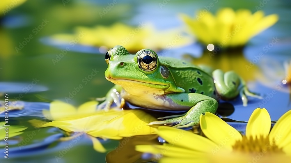 Closeup of a cute green frog sitting on a water lily or lotus leaf in a serene pond, beautiful wildlife and aquatic flora, beauty in the marsh environment, an adorable amphibian in its habitat, swamp Closeup of a cute green frog sitting on a water lily or lotus leaf in a serene pond, beautiful wildlife and aquatic flora, beauty in the marsh environment, an adorable amphibian in its habitat, swamp