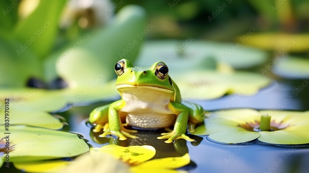Closeup of a cute green frog sitting on a water lily or lotus leaf in a serene pond, beautiful wildlife and aquatic flora, beauty in the marsh environment, an adorable amphibian in its habitat, swamp Closeup of a cute green frog sitting on a water lily or lotus leaf in a serene pond, beautiful wildlife and aquatic flora, beauty in the marsh environment, an adorable amphibian in its habitat, swamp