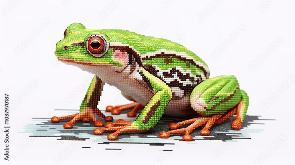 Naklejka premium Cross stitch frog amphibian animal white background. 