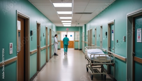 A focused shot of a hospital hallway entrance, with a blurred image in the background showing panicked people, patients in beds, and staff running as the pandemic spreads, Generative AI