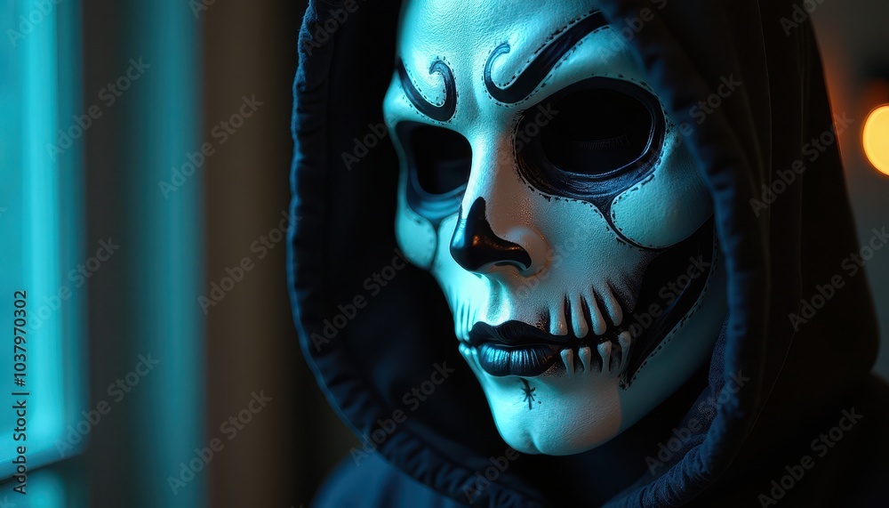 Naklejka premium Gothic Mask Featuring Deep Shadows and Dramatic Light Effects Under Dark Halloween Skies.