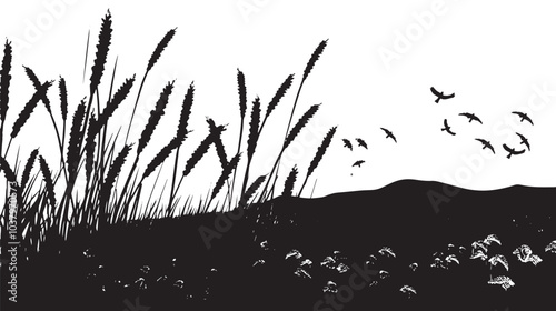  A field of wheat waving in the wind. silhouette illustration 