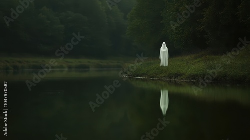 Ghostly Figure in Foggy Forest by River