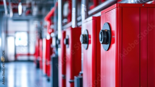 Wallpaper Mural Modern red gas boilers in a row, within a brightly lit industrial boiler room, showcasing advanced heating system technology. Torontodigital.ca