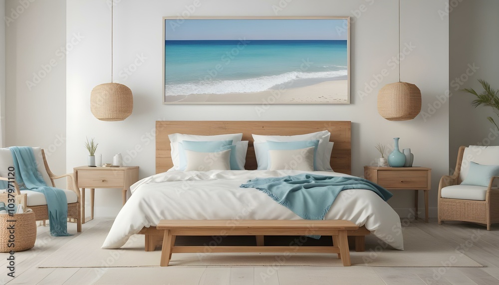 Fototapeta premium A serene beach scene with a calm, turquoise ocean and a sandy shore in the foreground. The background features a clear, blue sky.