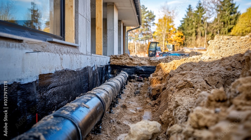 Outdoor construction scene showing a house with drainage system installation. Ideal for architectural and civil engineering design projects Outdoor construction scene showing a house with drainage system installation. Ideal for architectural and civil engineering design projects