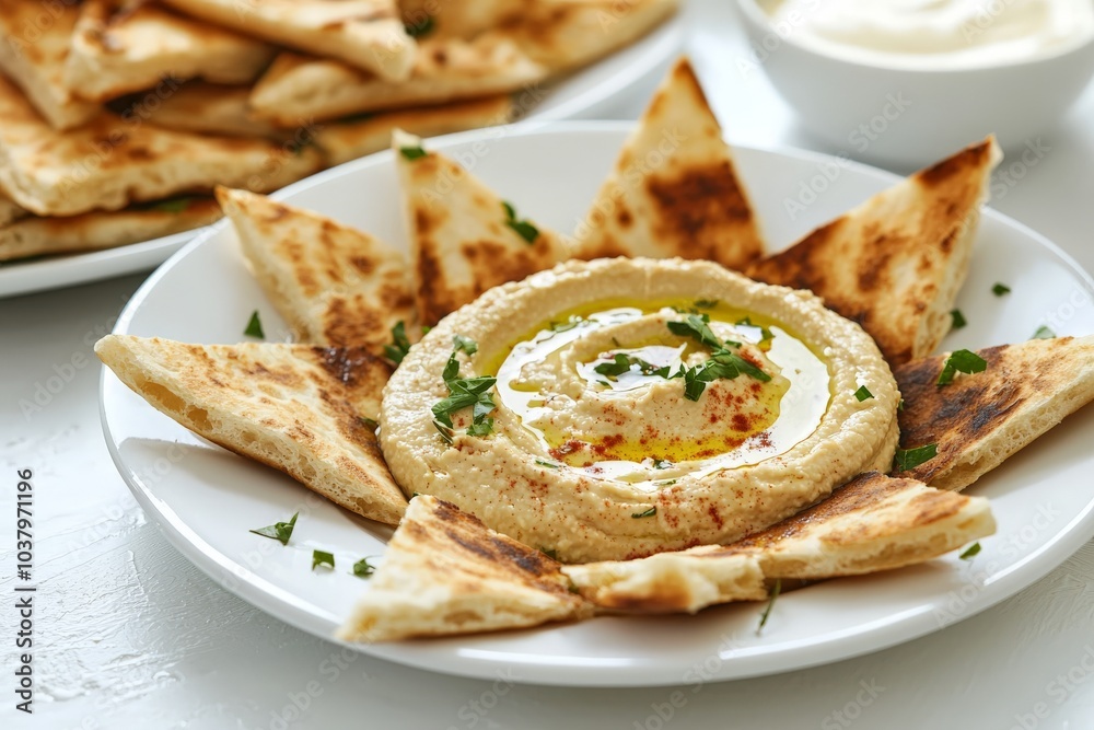 hummus and pita bread triangles on a white plate on a white dinner table hummus and pita bread triangles on a white plate on a white dinner table