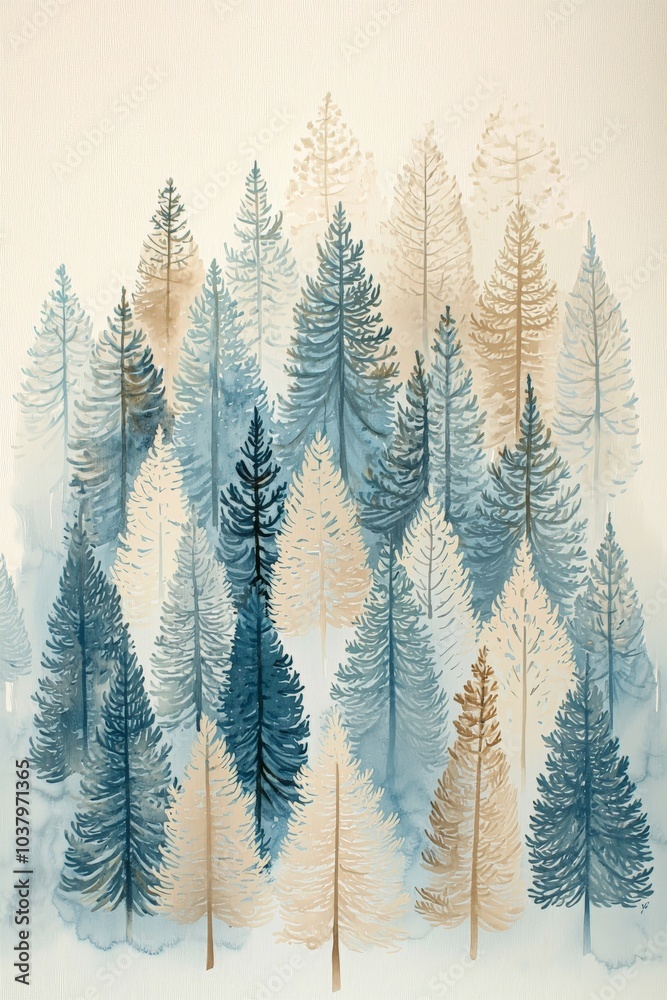 Obraz premium light blue and beige pine tree forrest background