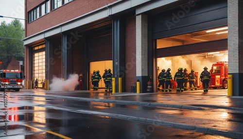 A sharp view of a fire station garage door, with the blurred background capturing the frantic scene of firefighters and civilians rushing toward safety, Generative AI