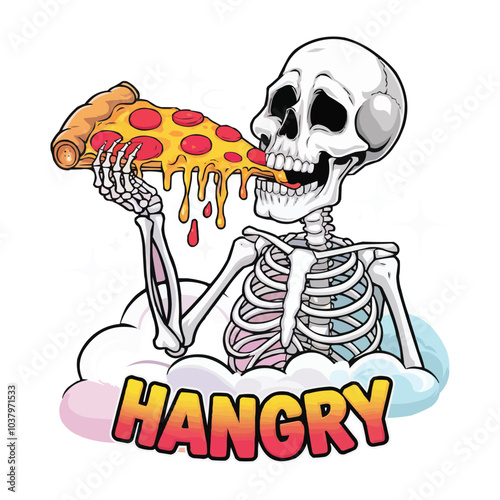 HANGRY playful skeleton enjoying a slice of pizza vector design