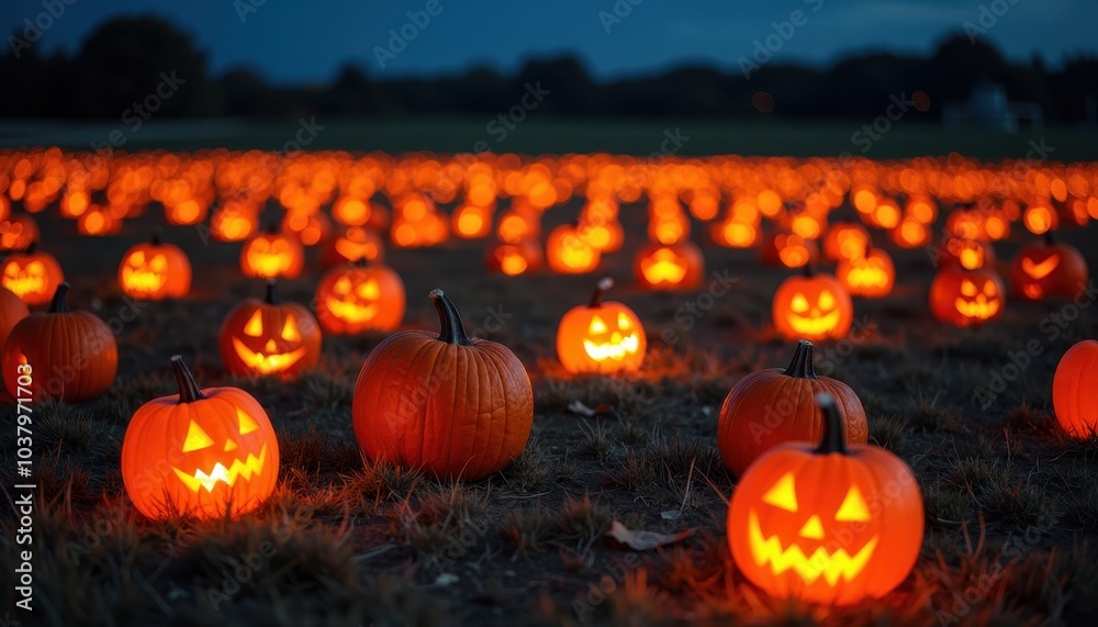 Pumpkin Field Glowing Dimly in the Night with Shadows Casting Over the Ground. Pumpkin Field Glowing Dimly in the Night with Shadows Casting Over the Ground.