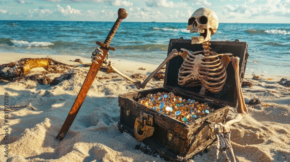 Fototapeta premium Pirate skeleton clutching a rusted sword beside an open treasure chest filled with sparkling gems on a sandy beach