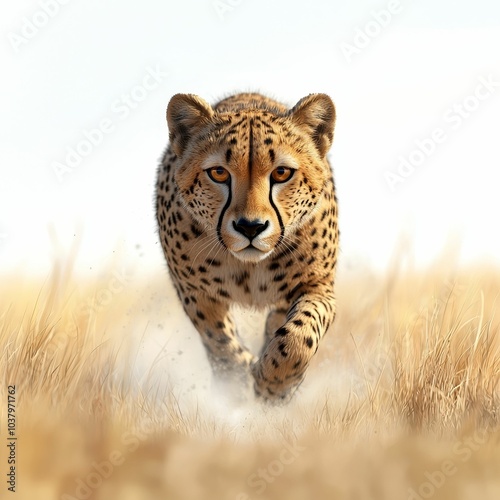 A cheetah runs gracefully through golden grass, showcasing its speed and agility in a natural habitat.