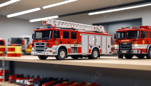 A clear shot of a fire truck model displayed on a shelf, contrasting sharply with the blurred action of firefighters and civilians in the background, Generative AI