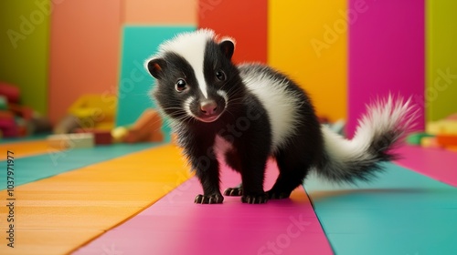 Adorable little skunk exploring a colorful studio backdrop 