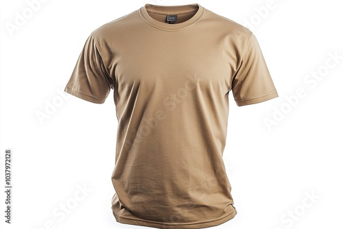 A basic t-shirt for guys in tan, isolated on a white backdrop. Generative Ai