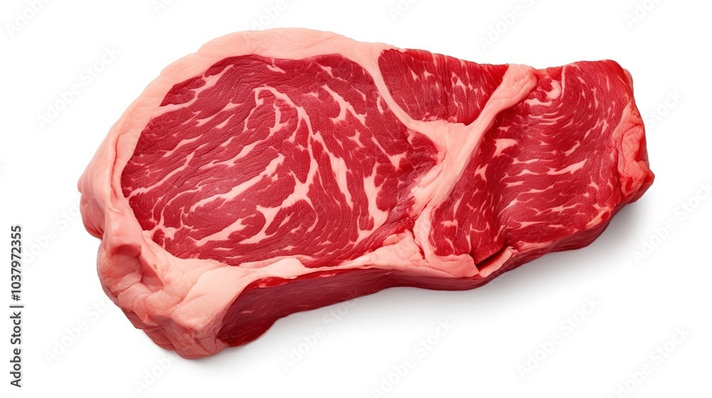 A raw steak illustration, premium beef cut, hyper-realistic 3D rendering, marbled red, isolated on white background A raw steak illustration, premium beef cut, hyper-realistic 3D rendering, marbled red, isolated on white background